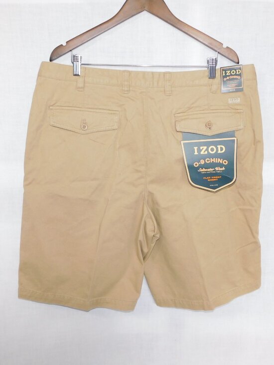 IZOD Mens 40 Chino Saltwater Wash 100% Cotton Twill Flat Front Tan Shorts NEW - Picture 7 of 9